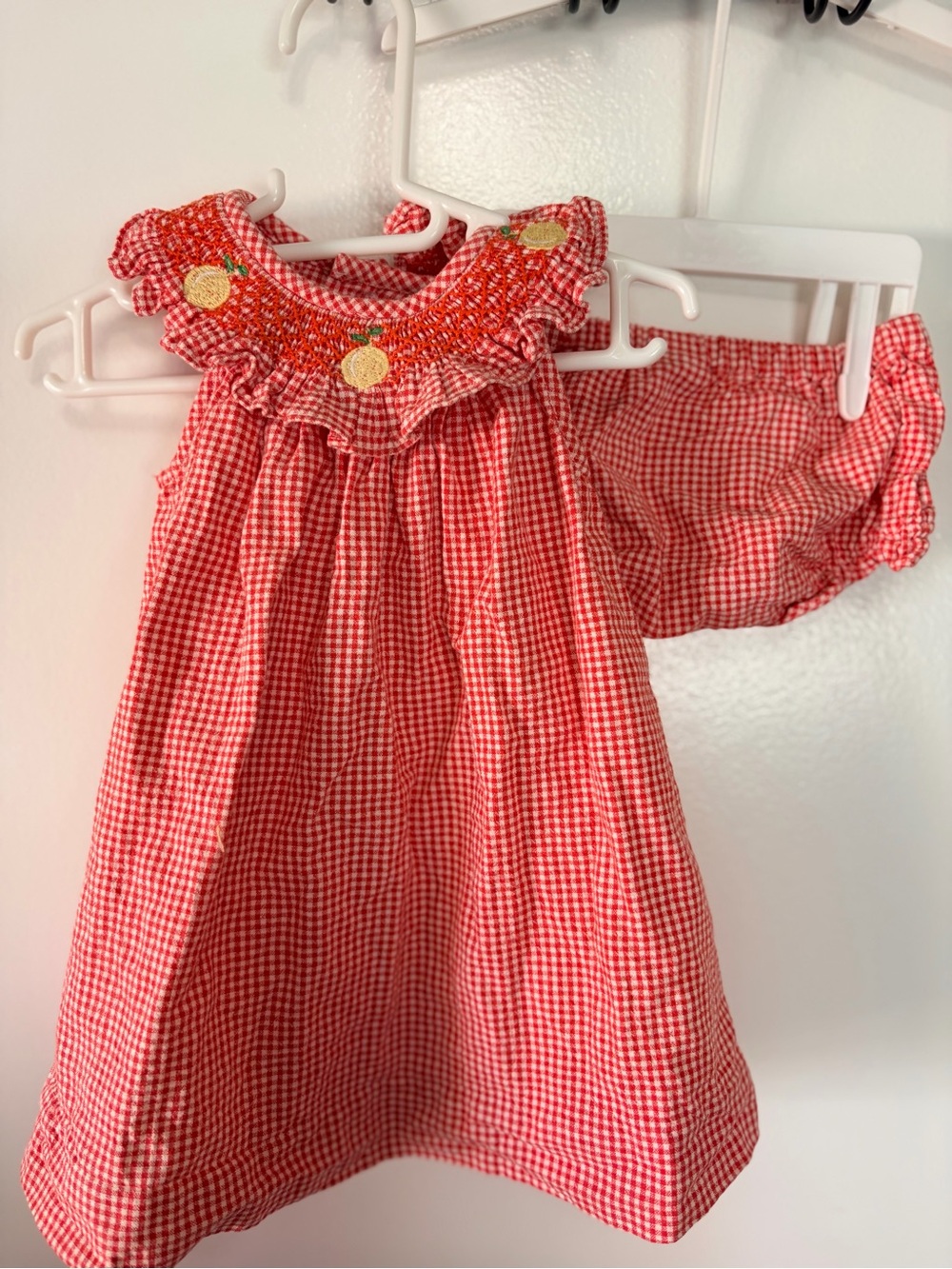 Edgehill Collection Red Gingham Smocked Ruffle Dress with Lemon Motif